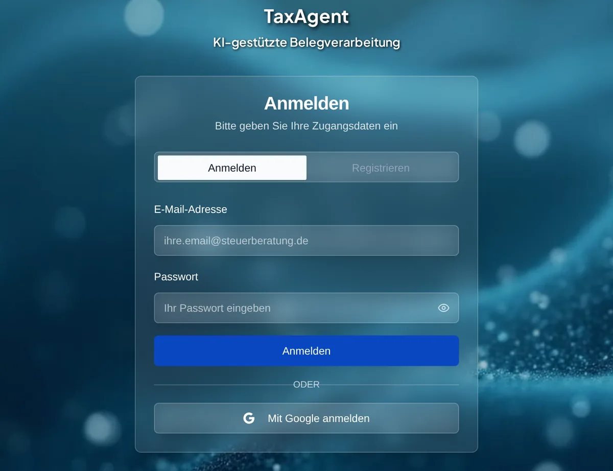 TaxAgent sign-in screen with fields for email address and password